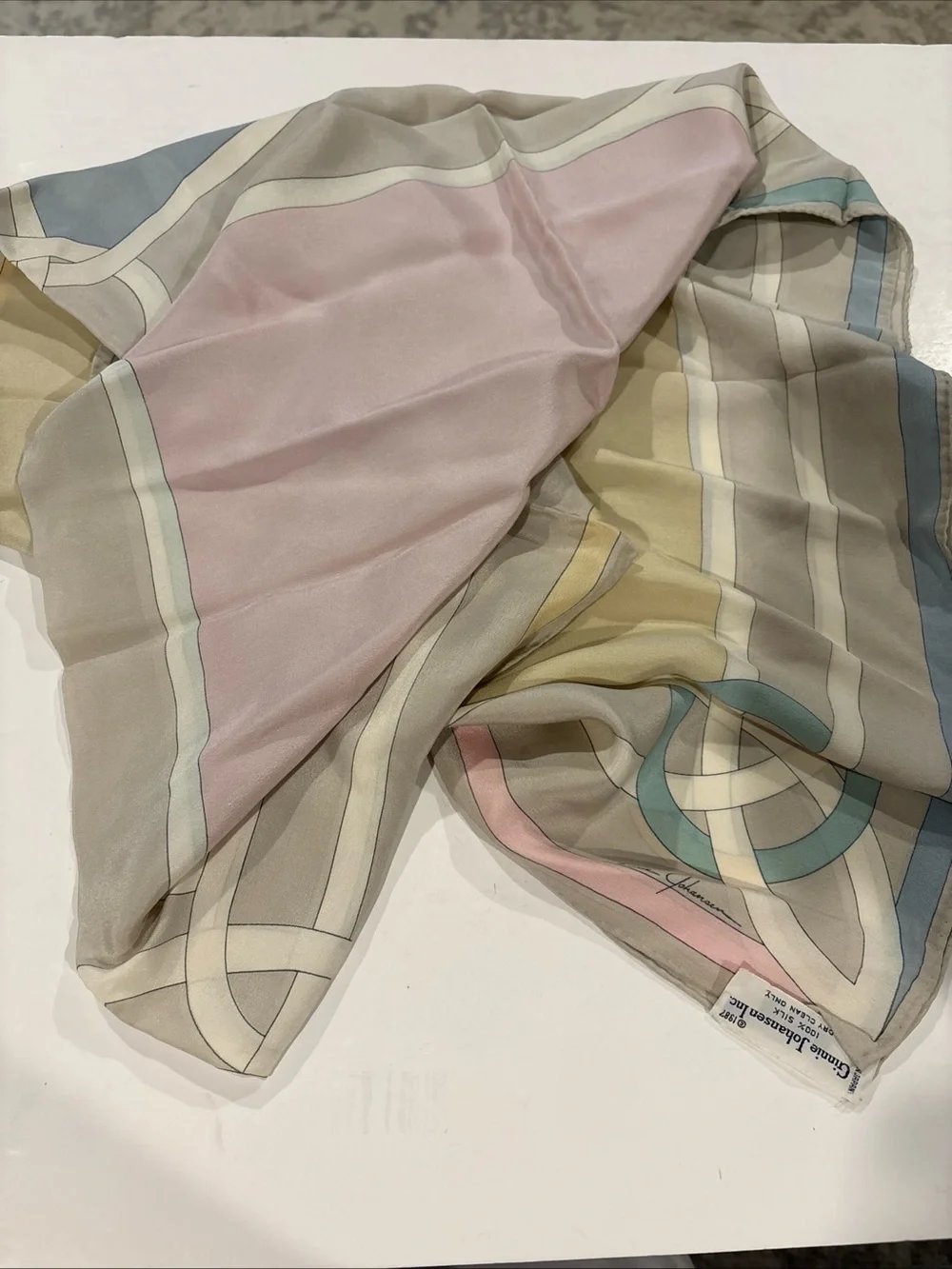 Vintage Ginnie Johansen 100% Silk Scarf 34” Square Pastel Colors